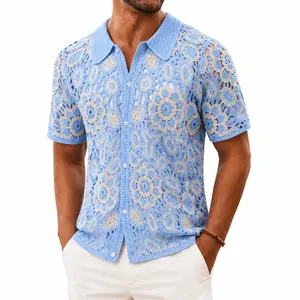 ANDREILEE Menswear Short-Sleeve Acrylic Open-Front Knit Casual Shirt - Polo Collar, Single-Breasted Front, Crochet Floral Pattern, Business Top for Men, Summer Vibe