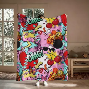 Pop Art Comic Flannel Throw Blanket - Art Graphic & Cherry Blankets with OMG Cool Boom, Retro Sunglasses, Heart Designs - Soft Cozy Warm for Couch Bed - Gift for Her Him Birthday Christmas Aesthetic Decor, Art Graphic Blankets