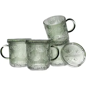 Glass Coffee Mugs Set of 4 - Premium Crystal Glass Mugs with Lids – Unique Design Coffee Glasses for Tea Latte Cocoa Chocolate - 10 oz, Lime Green