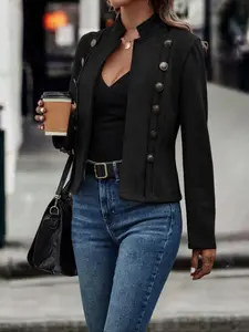 Solid Button Funnel Neck Jackets for Women, Casual Tops, Long Sleeve Trench Coat Outerwear for Spring & Fall, Ladies Clothing Clothes for Daily Wear, Winter Clothes Women, Going Out Tops