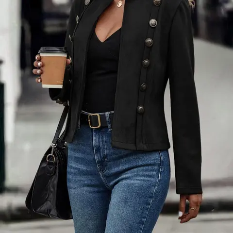 Solid Button Front Funnel Neck Fitted Jackets for Women, Casual Fashionable Jacket, Casual Tops, Long Sleeve Trench Coat Outerwear for Spring & Fall, Ladies Clothing for Daily Wear, Winter Clothes Women, Going Out Tops