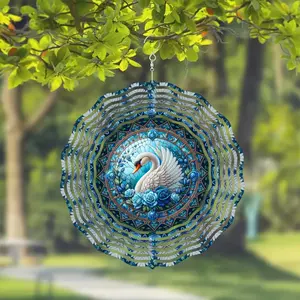 Swan Pattern Stained Glass Wind Spinner, 3D Kinetic Metal Art Hanging Decor with 360° Rotation, Indoor/Outdoor Garden Sculpture