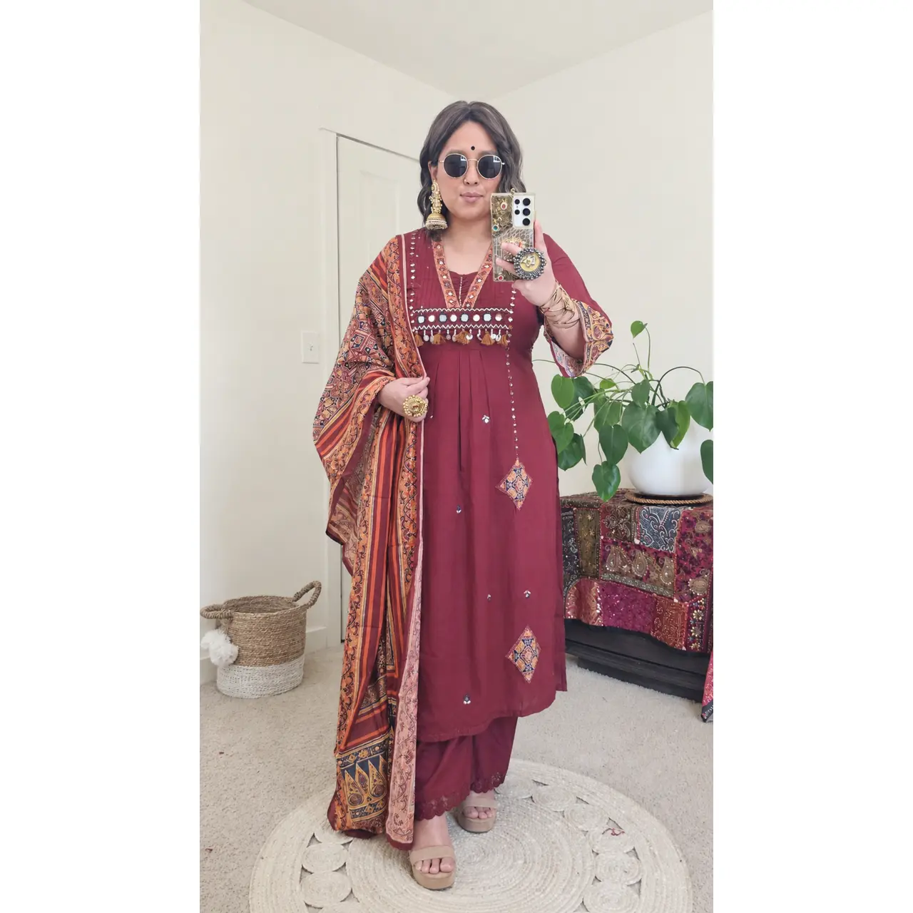 Women's Printed Cotton Kurta Set | 3-Piece A-Line Fit Suit with Matching Pant and Dupatta, Breathable Fabric for Everyday Wear, Soft, Traditional, Pants, Leela, 45"-46" Kurta Length, Lady, Long, A-Line Silhouette, Casual, Classic