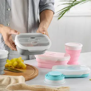 Portable Foldable Silicone Lunch Box Leakproof Food Container with Compartments for Kids Adults School Office Travel Reusable Bento Box Microwave Safe