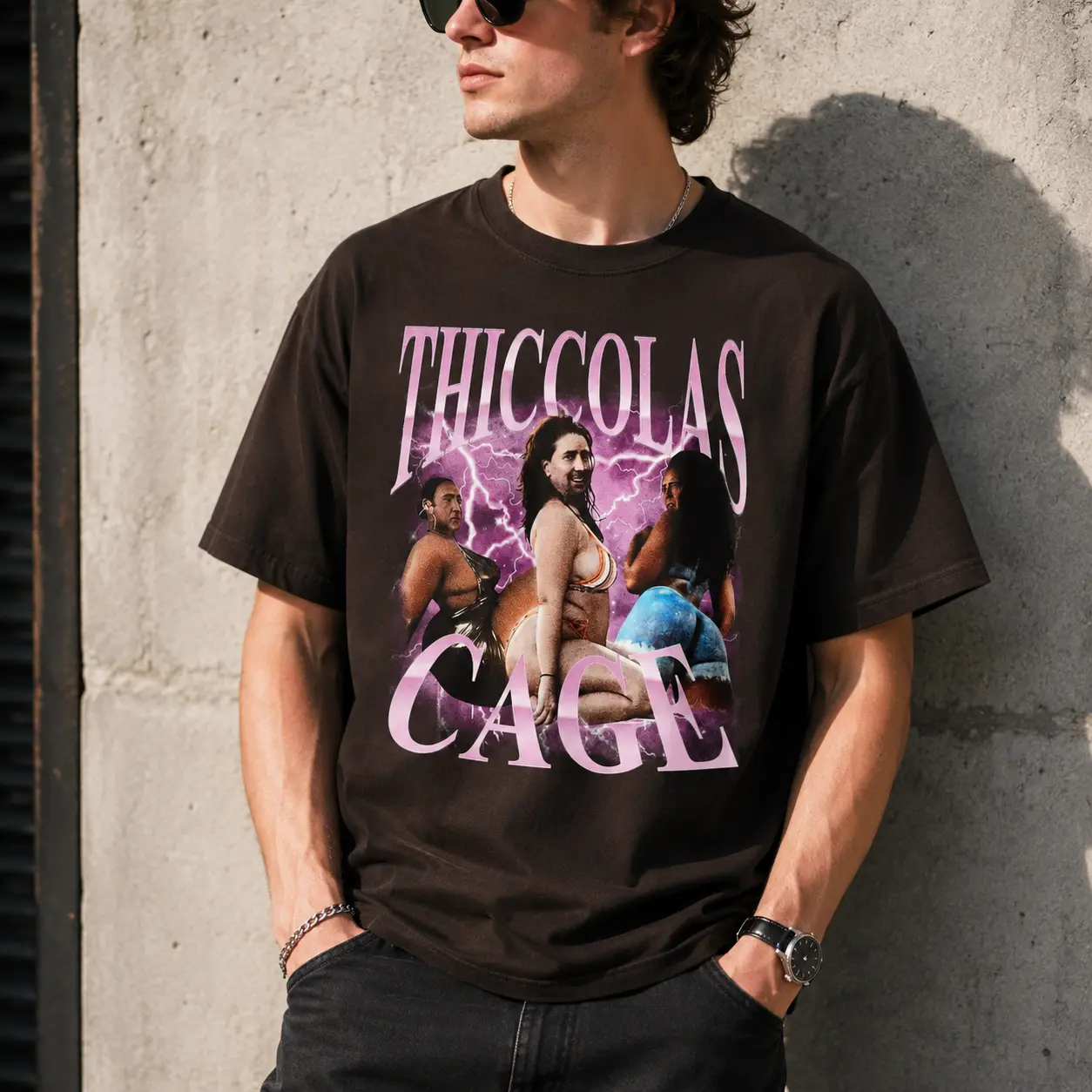Vintage Thiccolas Cage Meme Graphic Tee | Funny Absurd Humor T-Shirt | Retro Y2K Unisex Cotton Shirt | Viral Internet Streetwear | Gag Gift | Menswear Womenswear Top Underwear Streetwear