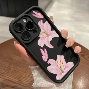 A Pink Lily Patterned Design High Bamboo Black Phone Case That Protects Against Drops, Compatible with Iphone 11 12 13 14 15 16 17, Including XS, XR, X, 7, 8, 12, 13 Mini, Plus, Pro Max, And SE Series, Making It a Great Gift for a Girlfriend, Boyfriend