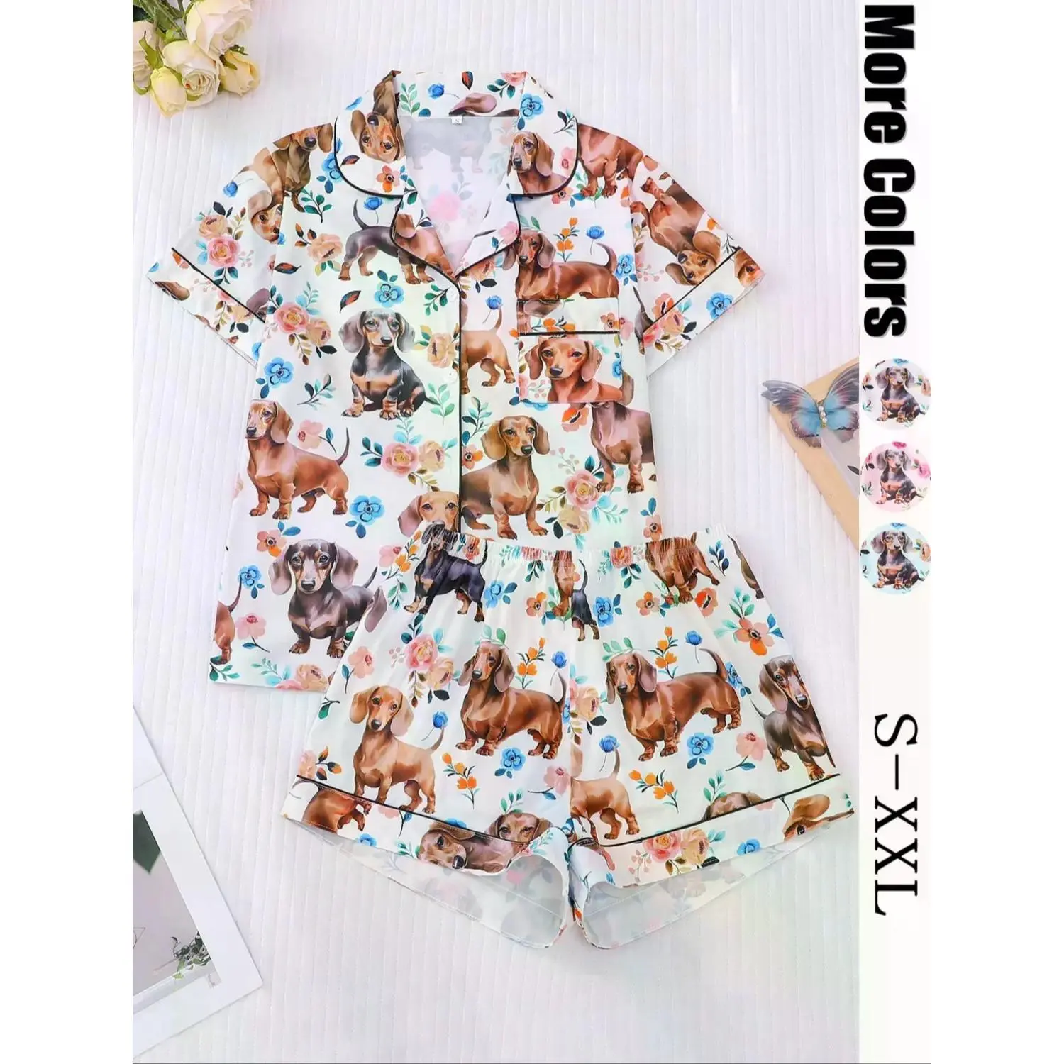 Women's Dog Print Pajama Set, Short Sleeve Button-Up Top & Elastic Waist Shorts, Casual All-Season Sleepwear, Stylish Loungewear