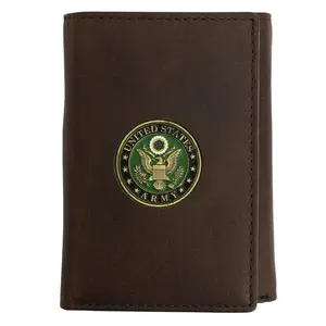 Officially Licensed "US ARMY" Medallion Genuine Leather Classic Handmade Wallet - Trifold Brown