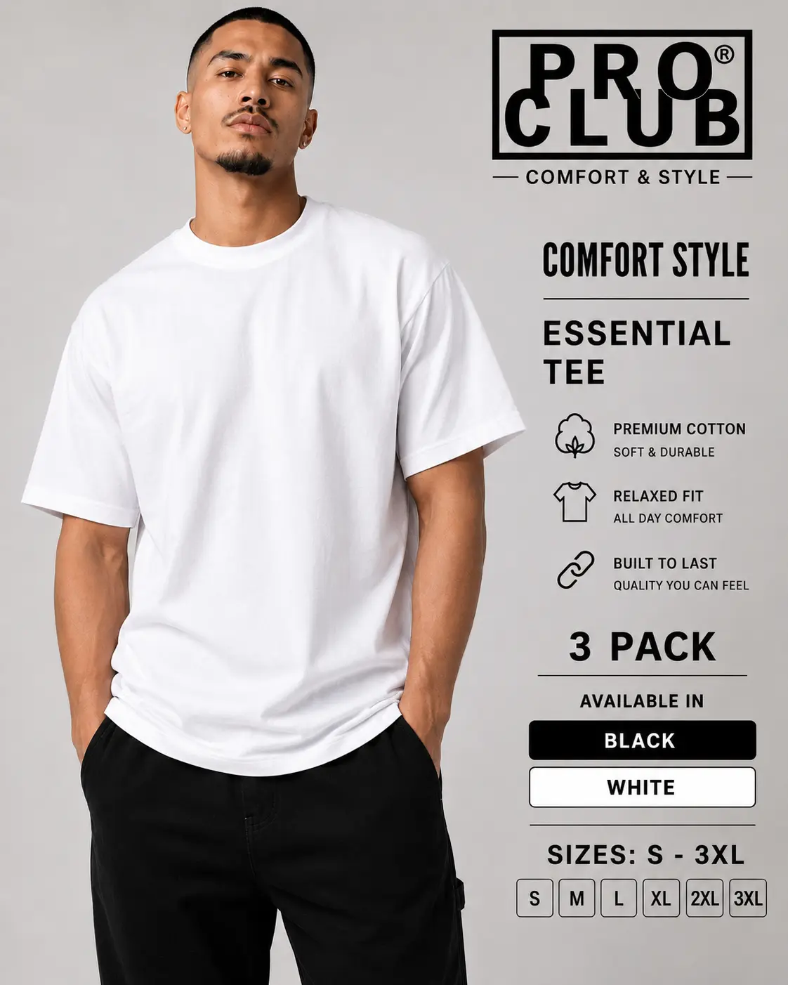 3 Pack PRO CLUB Men's Comfort Short Sleeve Tee