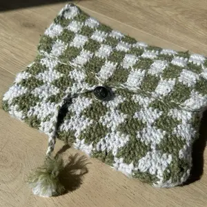 Handmade Crochet Checkered Book Cover Case Green & White - iPad Tablet Cover - Kindle Cover - Adjustable Width - String with Tassel Closure