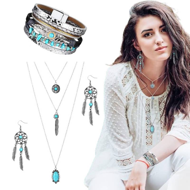 3 Pcs Bohemian Western Turquoise Jewelry Set for Women Pendant Necklace Dangle Earrings Bracelet Gift for Christmas New Year Daily Wear