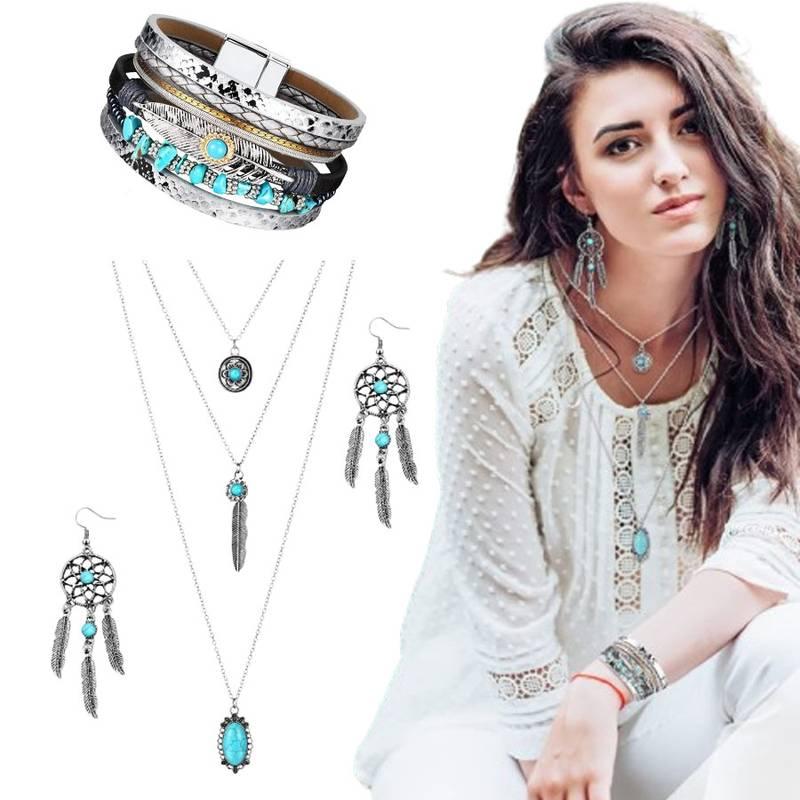 3 Pcs Bohemian Western Turquoise Jewelry Set for Women Pendant Necklace Dangle Earrings Bracelet Gift for Christmas New Year Daily Wear