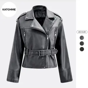 KatchMe Vintage Zipper Belt Decor PU Biker Jacket Coats, Outerwear Jacket, Classy Epaulets Pocket Womenswear, Lady Casual Fashion Comfort Outfit (US)