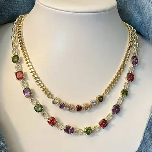 14k Gold Plated Multi Color Link Necklace and Heart Cluster Necklace with Vibrant Gemstones for Stylish Outfits