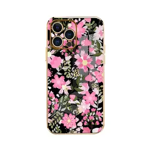 Cell Phone Case for IP 17/16/15/14/13/12/11 Series (Pro, Pro Max & Standard) - Trendy Floral Pattern with Luxury Golden Electroplated Edge, Shockproof & Camera Lens Protection, Premium Flexible TPU