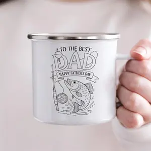 Father's Day Enamel Cup, Best Dad Design, Fishing Element Portable Outdoor Travel Coffee Mug, Gift for Father, 12oz, Drinkware