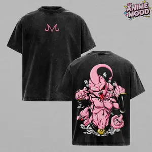 Majin Buu Vintage Washed Oversized T-Shirt, DBZ Pink Majin Graphic Tee, Unisex Streetwear Anime Soft Cotton Top Outfit for Men, Casual Menswear Gift for Anime Fans