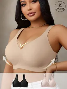 2/3 Piece Plus-Size V-Neck Seamless Wire-Free Fit Lady Bra for Curvy Girls – Black/White/Apricot – Sizes 0XL-4XL – Suitable for Daily/Commute/Sports & More Scenarios
