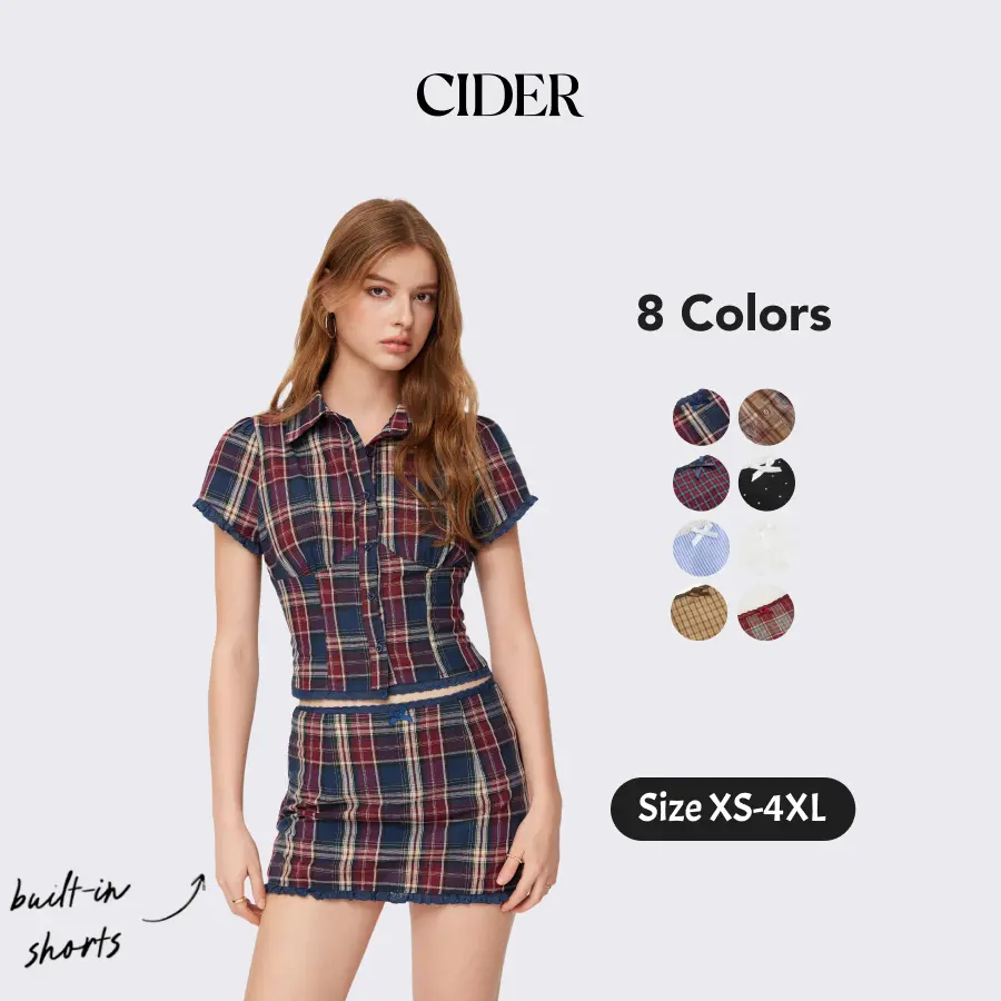 Cider Preppy Plaid 2 Piece Skirt Set - Cotton Short Sleeve Blouse & Lace Trim Bowknot Mini Skirt with Built-in Shorts, Coquette Aesthetic Casual School Outfit for Summer Spring, Regular Fit
