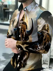 Men's Breathable Collared Long Sleeve Casual Stylish Menswear Bison Print Button-Down Shirt