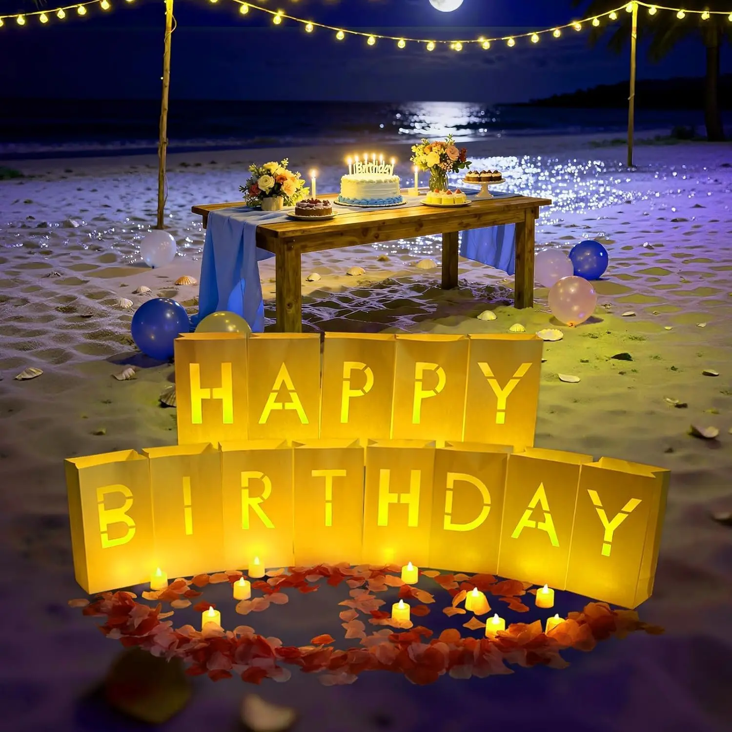 Eco-Friendly Birthday Decoration Set - 13 x Happy Birthday Letter Shapes, Light-Up Signs, Luminary Bags, 2000 Rose Petals, 24 x Decoration Candles, Banner for Indoor/Beach Party Decor & Women's Surprise Gifts