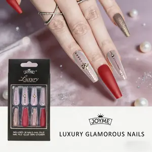 30Pcs Luxury 3D Embossed Long Coffin Press On Nails, Large Rhinestone Inlay Reusable False Nails with Glue & Full Tool Kit for Women