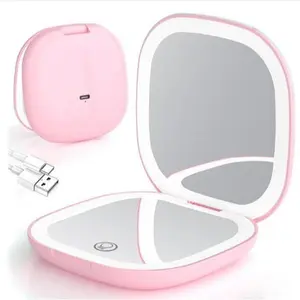 LED Compact Makeup Mirror, 4 Inches 1X/10X Magnification Travel Mirror with Light Dimmable Double Sides Lighted USB Rechargeable Compact Mirror, Travel Essentials Magnifying