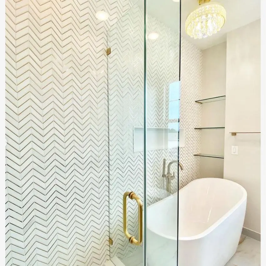 Glam Thassos White + Gold Brass 10x12 Glossy Chevron Marble Tile