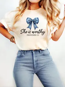 Women's Letter & Bow Print Round Neck Tee, Trendy Casual Crew Neck Short Sleeve T-shirt for Daily Wear, Ladies All Seasons Clothes