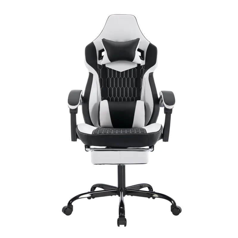 Bellemave Gaming Chair with Footrest - PVC Leather Ergonomic High-Back Furniture, Racing Style, Headrest & Lumbar Support for Office & Video Gaming (Black White)