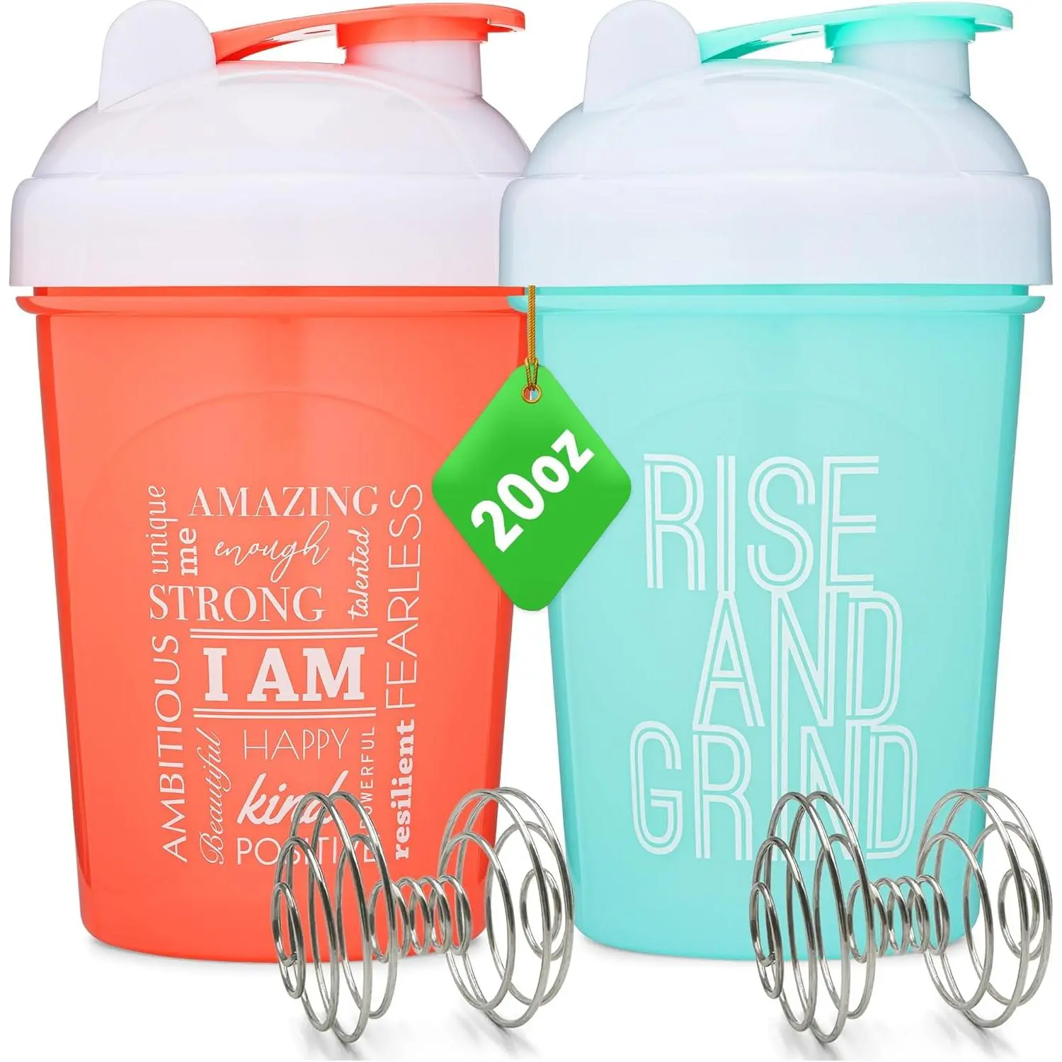 [2 Pack] 20-Ounce Shaker Bottle with Motivational Quotes (Coral & Mint) | Protein Shaker Bottle with Mixer Agitators | Blender Shaker Bottle for Protein Mixes Pack is BPA Free and Dishwasher Safe