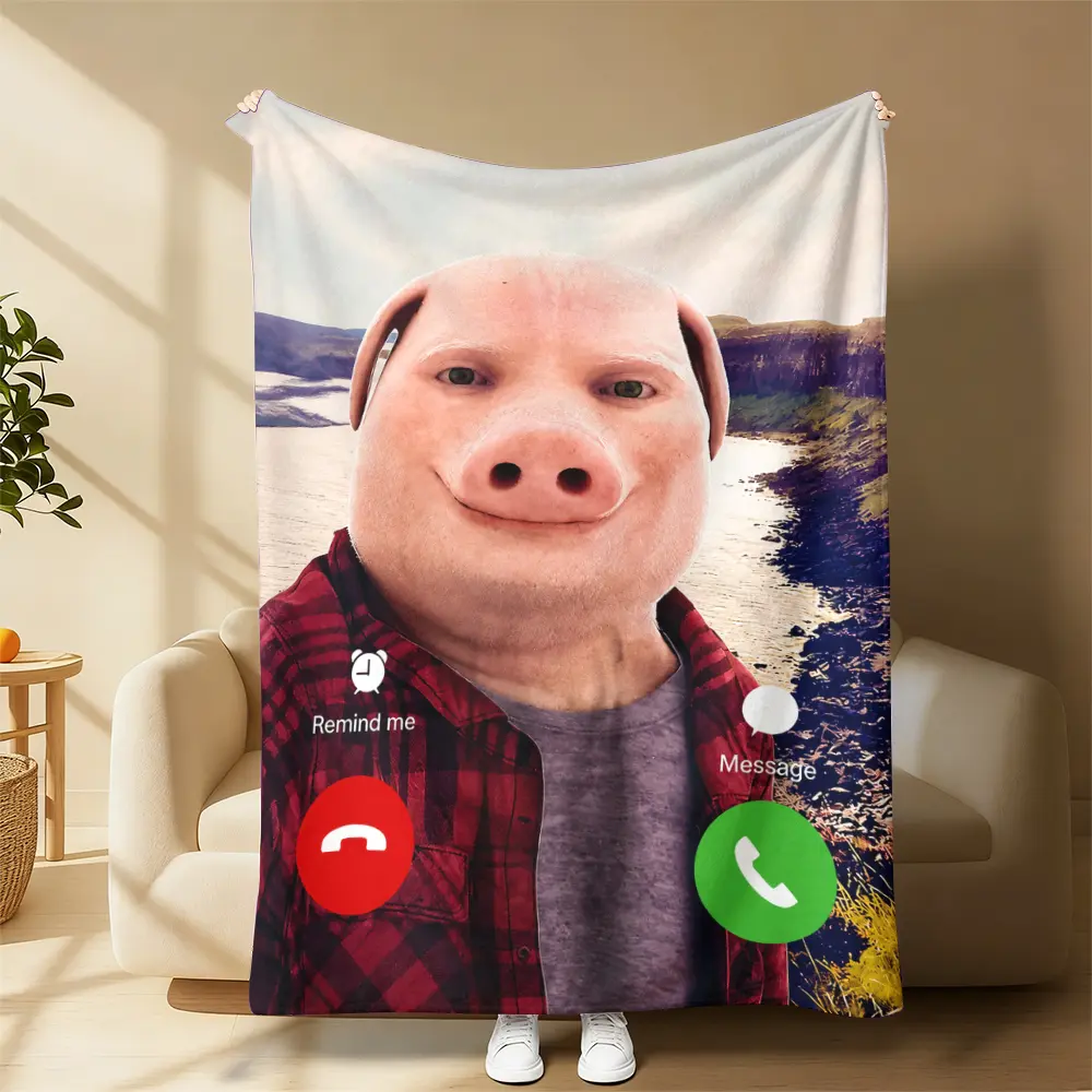 Soft Flannel Prank Throw Blanket - Printed Contemporary Cartoon Pig Blankets with Pig Face Phone Call Interface, Nature Scenery Meme Art, Novelty Gag Gift for Friends, Home & Outdoor Use, Other Patterns Available