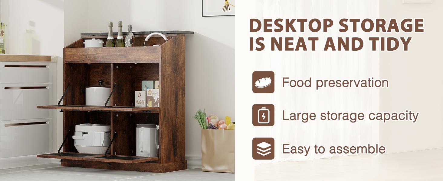 Large Potato Storage Wood Bin, Wooden Bread Storage Bins, Decorative Potato and Onion Storage Bin with 4 Doors, Potato Bin with Grocery Section, Wooden Vegetable Storage Box with Lid