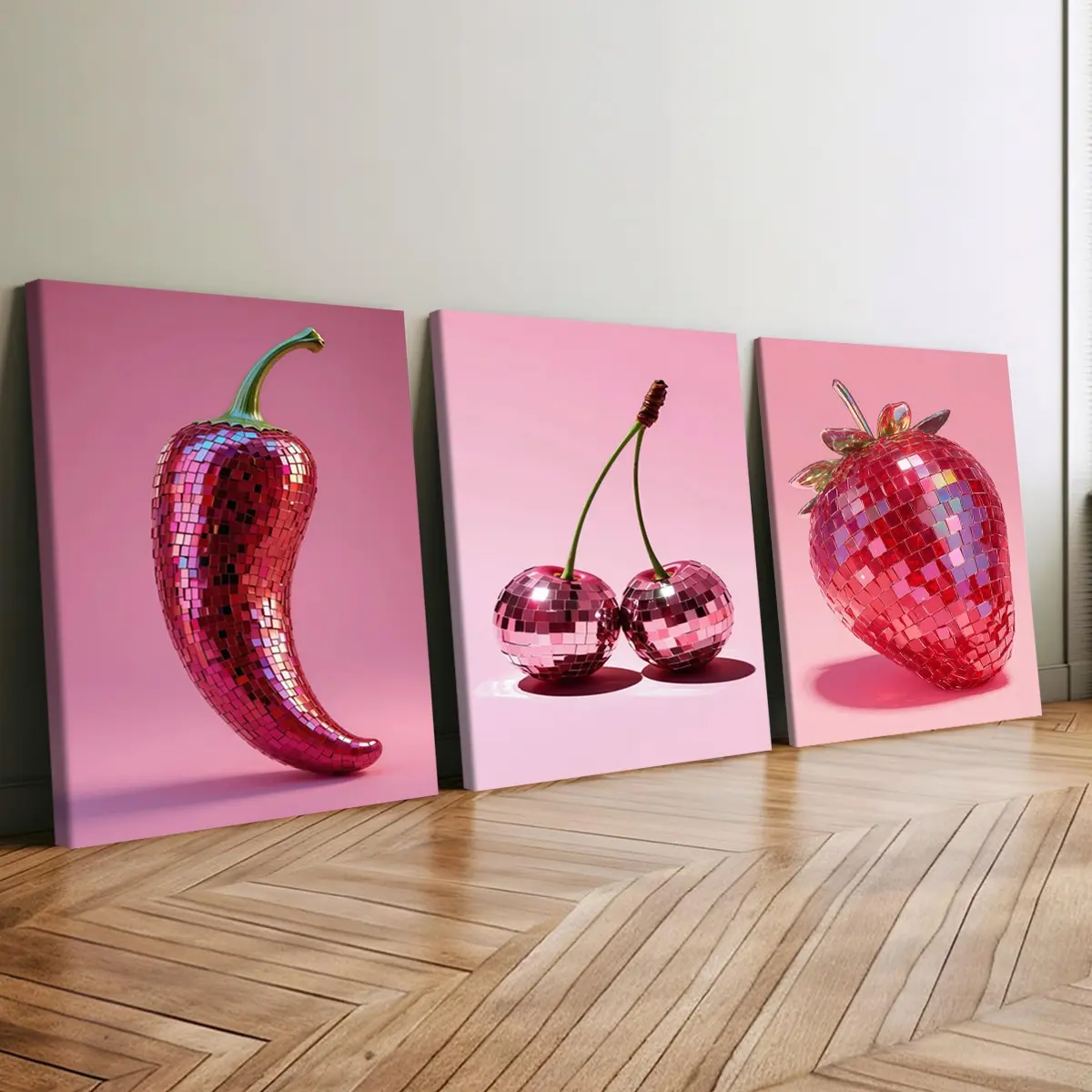 3 count wooden frame canvas, pink disco texture fruit and vegetable elements decorative poster, fashion art decoration, Artistic indoor decoration, suitable for living room corridor wall art, waterproof, printing, art