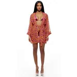 Forplay Wild Getaway 2-Piece Coverup Zebra Print Kimono - Pink Combo