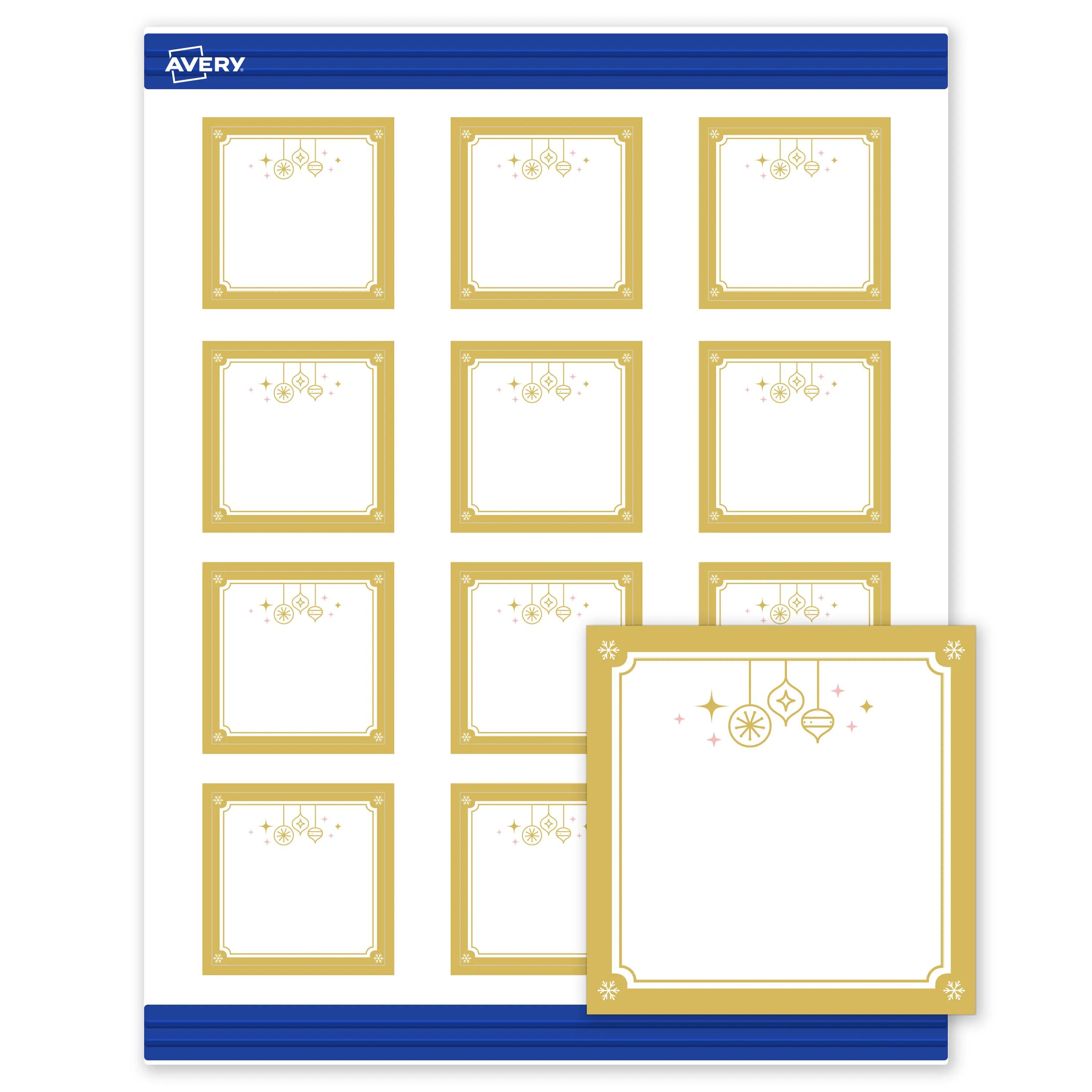 Avery® Printable Christmas Business Cards with Sure Feed® Technology, Square, 2" x 2", Pre-Printed Metallic Gold Hanging Ornaments Design, Matte White, Laser & Inkjet Compatible, 120 Total