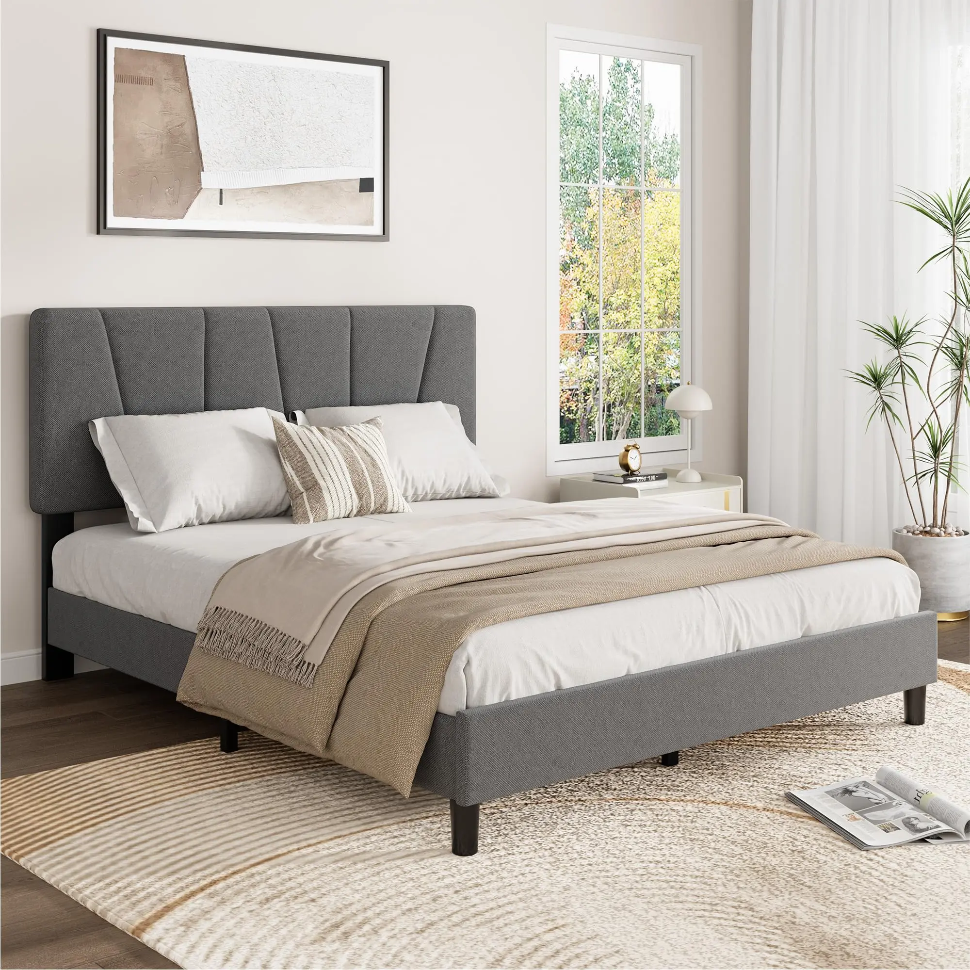 Grey Linen Fabric Upholstered Queen Size Bed Frame - Adjustable Headboard - Strong Wooden Slats - Noise-Free - Easy Assembly - No Box Spring - Ideal for Bedroom, Guest Room