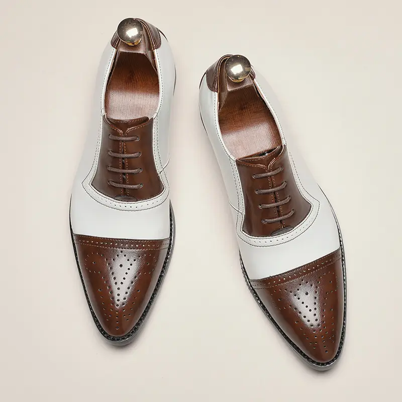 Men’s Oxford dress shoes, multicolor brogue styles, wingtip lace paneling, two-tone color matching, perforated design, round toe