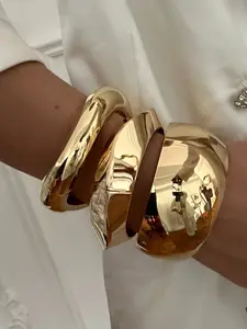 3-Piece Luxury Alloy Bracelets, Wide Shiny Open Design, Plated, Anti-Allergic, Trendy European Style, Bold Jewelry
