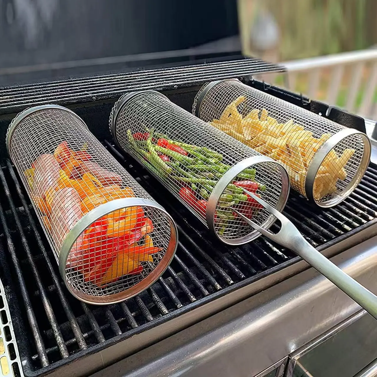 3-Piece Outdoor BBQ Rotating Grill Set, Barbecue Utensils, Barbecue Tool Sets, BBQ Tools, Stainless Steel Round Rotisserie, Safety Lock Cap, Camping Gear for Vegetables & Seafood
