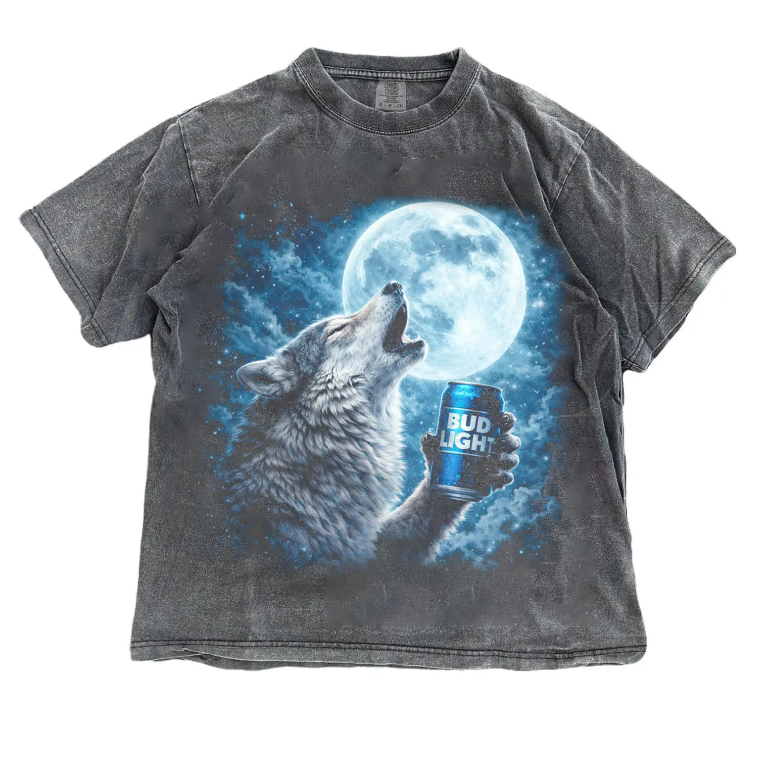 Wolf Moon Beer Bud Light Shirt, Howling Wolf Graphic Tee, Fantasy Animal Beer Graphic Tee Vintage Washed Oversized T-Shirt, Retro Vintage Unisex T-Shirt, Streetwear, Unisex Gift