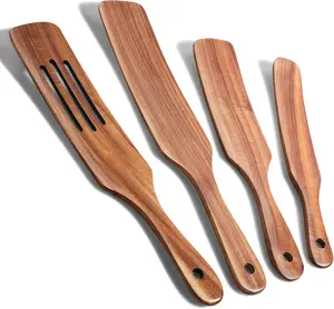 4 Pcs Natural Acacia Wooden Spurtle Set, Wooden Kitchen Utensils for Cooking Stirring Mixing Serving, As Seen on TV Kitchen Tools for Non-Stick Cookware