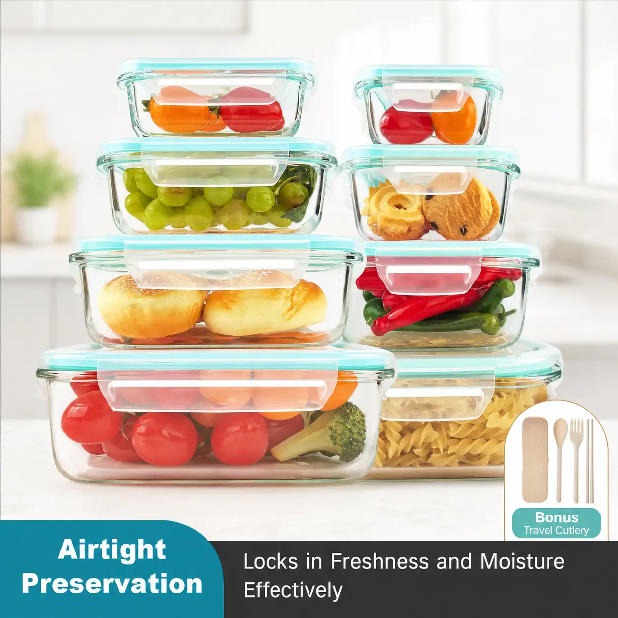 Premium Borosilicate Glass Food Storage Containers 8 Pack Stackable Square Design with Airtight Lids Green Rectangle Safe for Oven Microwave Freezer High Temperature Durable Kitchen Utensils#Summervibes