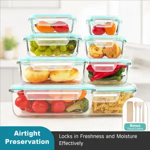 Premium Borosilicate Glass Food Storage Containers 8 Pack Stackable Square Design with Airtight Lids Green Rectangle Safe for Oven Microwave Freezer High Temperature Durable Kitchen Utensils#Summervibes