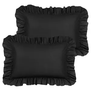 PiccoCasa Ruffled Pillow Shams Set of 2, Soft Breathable Pillow Covers with Envelope Closure, 100% Brushed Microfiber Pillow Case Queen Black