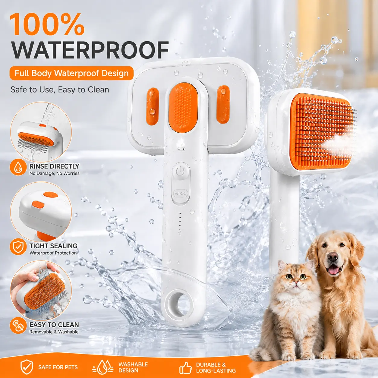 Cat Grooming Brush - Waterproof Steam Deshedding Tool, 1-Button Hair Removal Comb for Cats & Dogs, Pet Fur Cleaning & Trimming Groomer Tools