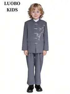 Boys' Traditional Chinese Costume Set, Stand Collar Embroidered Zhongshan Jacket, Ethnic Style Outerwear, National Wind Tang Suit Performance Wear