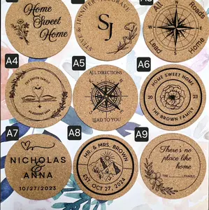 Personalized cork and round pine wood coasters.  Fully customizable with your design or one of ours.  Perfect for weddings and other events or a fantastic customized gift idea!