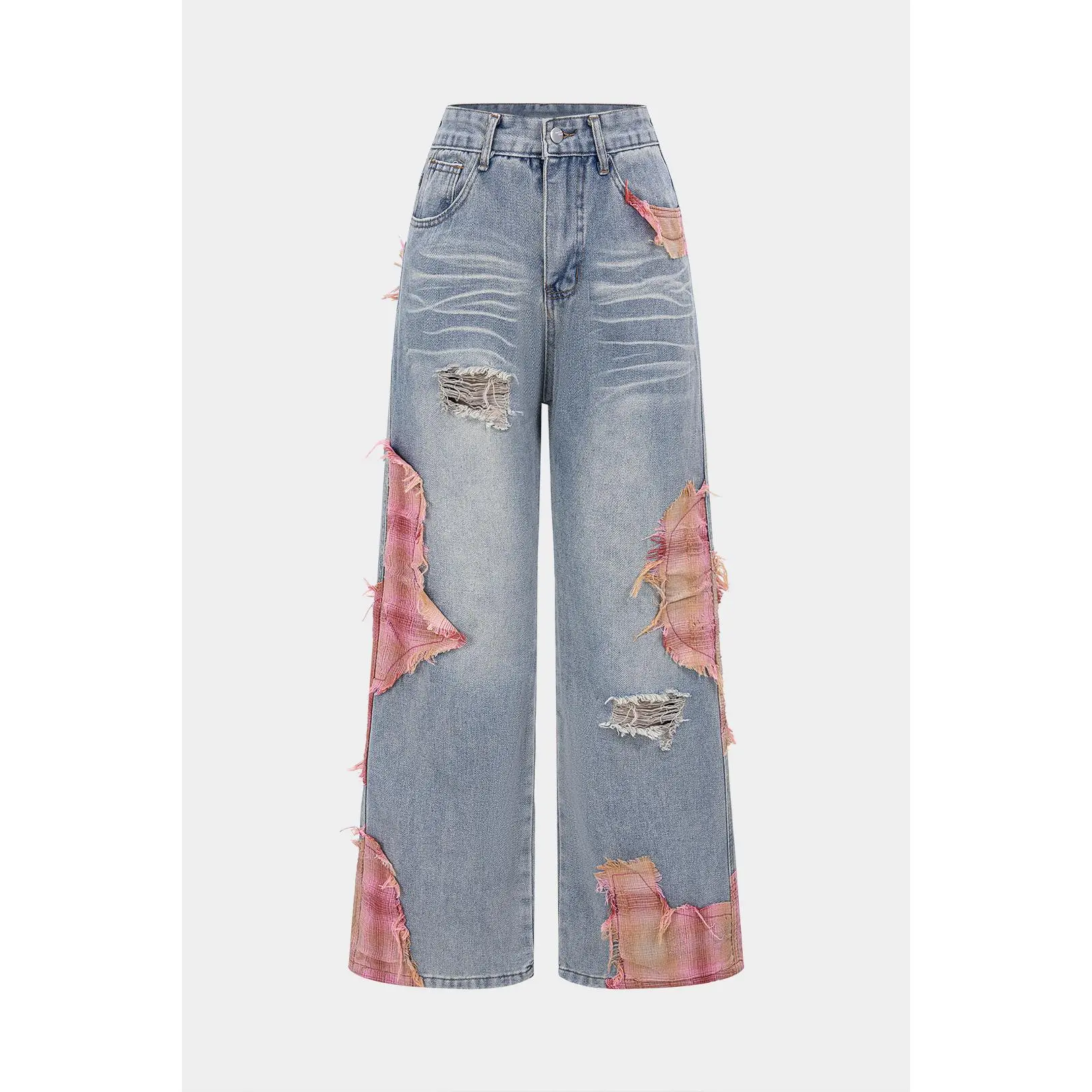 Denim Patchwork Plaid Print Asymmetrical Ripped Wide Leg Jeans