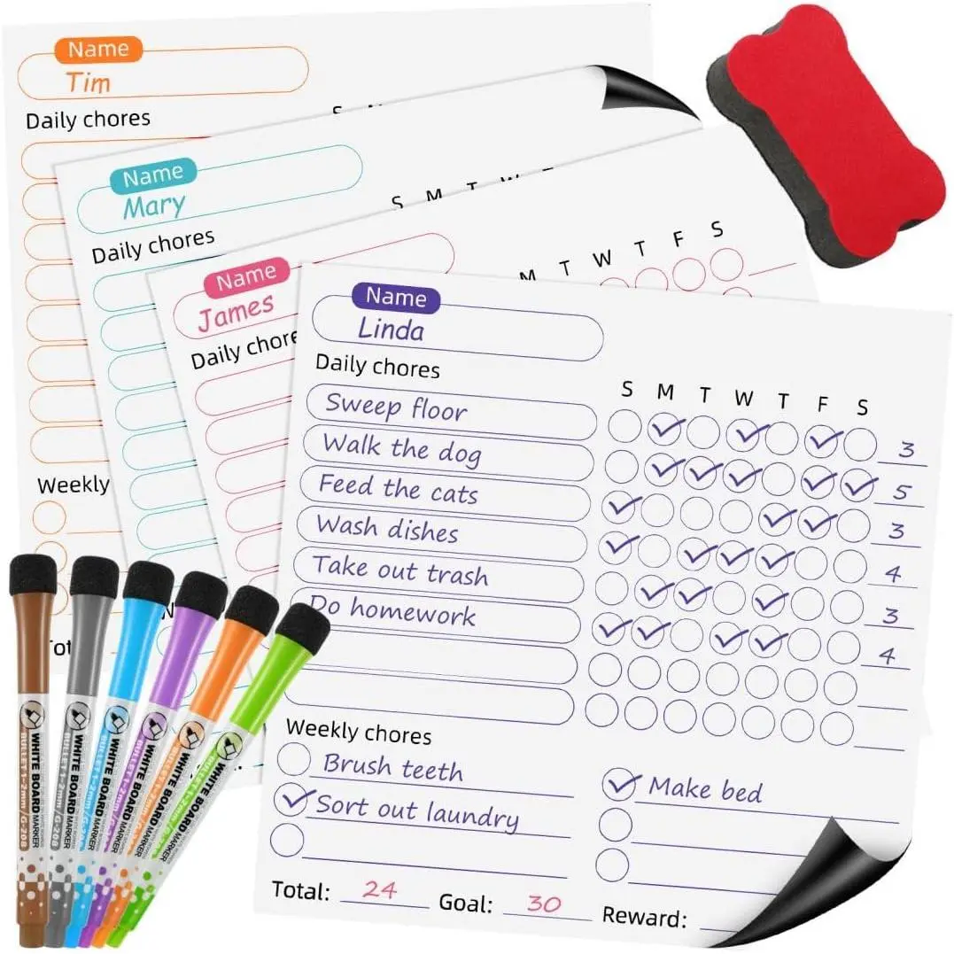 Magnetic Chore Chart for , 4 Count Dry Erase Behavior Charts and 6 Colored Markers with Eraser Caps with 1 Eraser, Reward Chart for Multiple Teens Adults Family, Chores Chart for